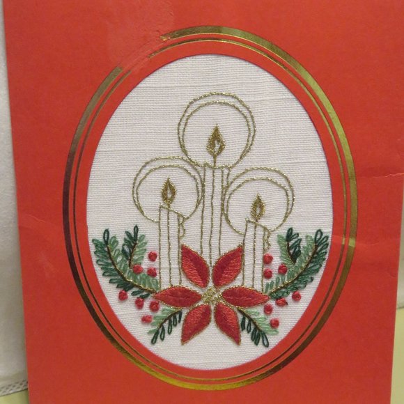 Embroidered Cardstock XMAS Poinsettia & CANDLES 6" x 4.75" (952) - Picture 1 of 3
